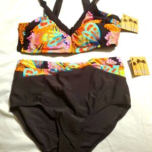 Swim suit "Swim Sexy" size 10. Black with colorful accents. Figure flattering
